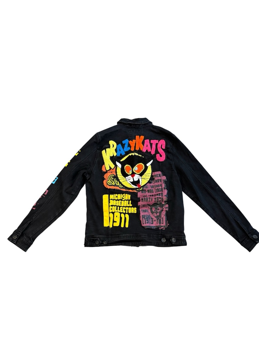 Stall & Dean 8th Dstrkt Krazy Kats Jacket / Black Denim Cat Patches Coat Medium